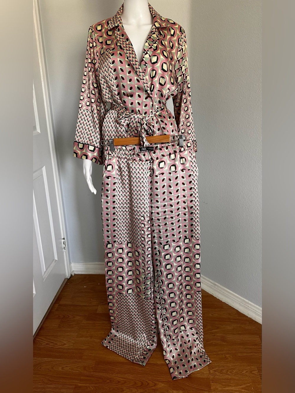 ZARA Silky Geo-Print Pajama Pants - Pink Multi